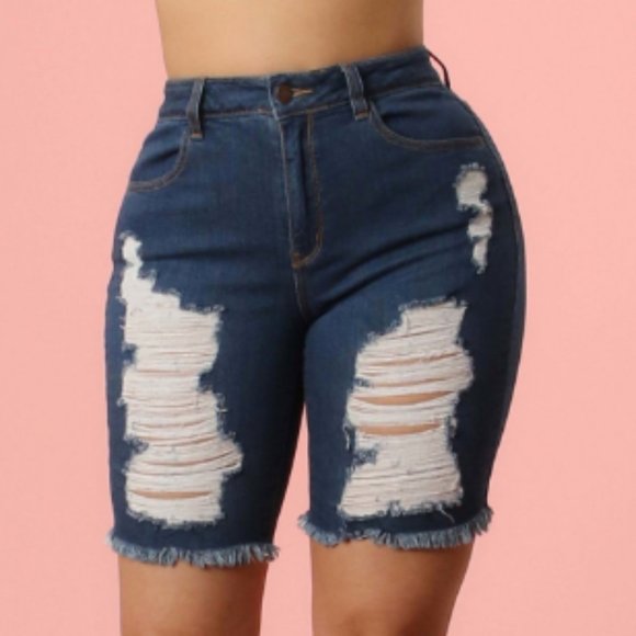 Medium Wash Denim Distressed Biker Shorts - Picture 1 of 3